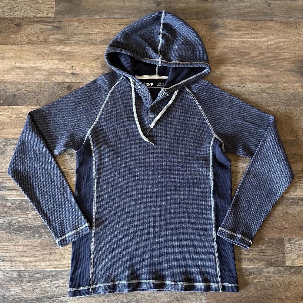 BKE Buckle Hoodie Large Blue Kirby Thermal Henley Drawstring Flaw
